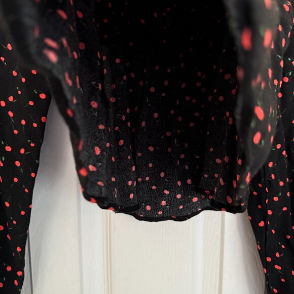 EUC, Free People Julia Cherry Print Blouse, Smocked Back, Black, Size L - Picture 6 of 14